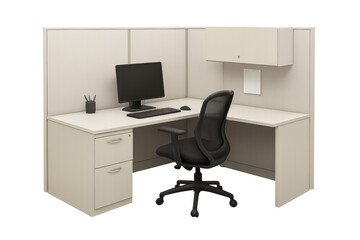 Modern office cubicle with computer and chair on transparent background