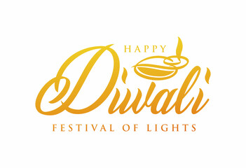 Glowing Happy Diwali 2025 typography vector illustration design with Diya lamp illustration in gold color effect. Best for greeting, social media, banner, prints. 