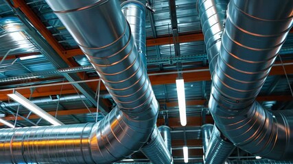 A detailed view of an industrial ventilation system featuring metallic ducts, pipes, and overhead lights. The image captures modern architecture in a factory environment. - Powered by Adobe