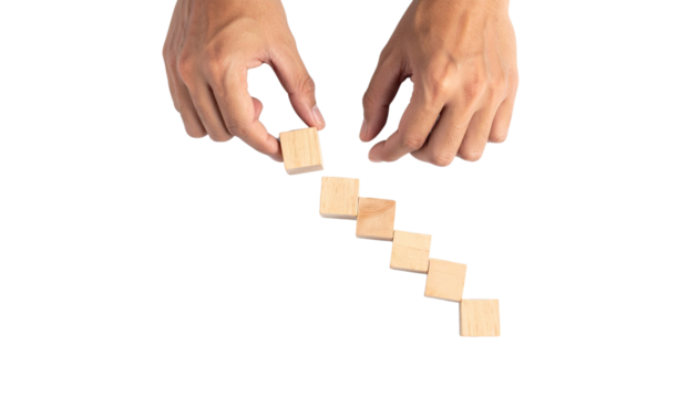 Hands arranging wooden blocks in line on transparent background symbolizing business strategy png