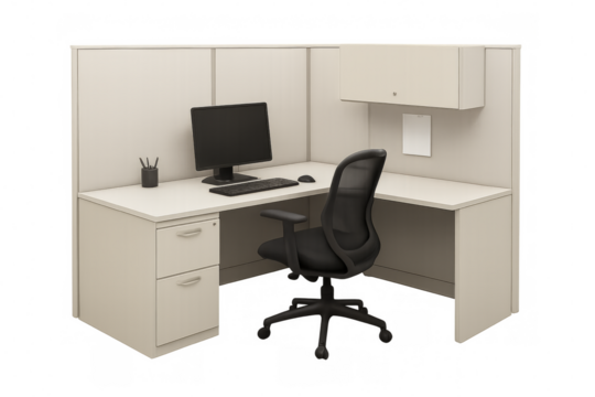 Modern office cubicle with computer and chair on transparent background
