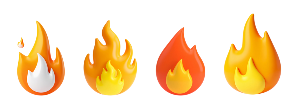 Four vibrant fire icons in business png style convey energy and warmth