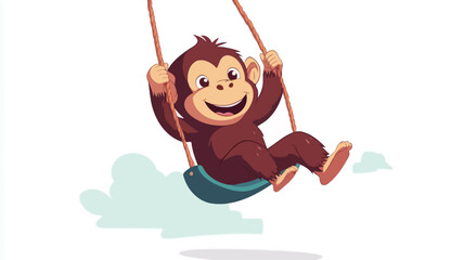 A digital illustration depicting a cartoon monkey with brown fur sitting on a teal swing set against a white background.  The monkey is smiling and has its arms outstretched, suggesting movement.