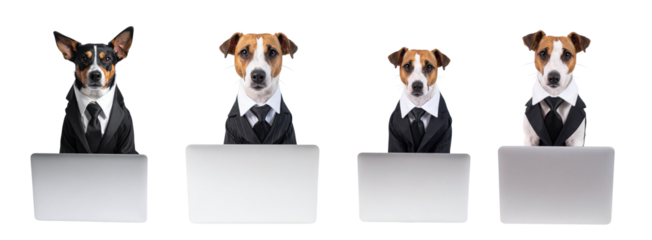 Business dogs in suits working on laptops in PNG image create humorous scene