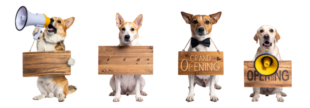 Four dogs hold wooden signs with business messages on transparent background, creating playful and engaging PNG design