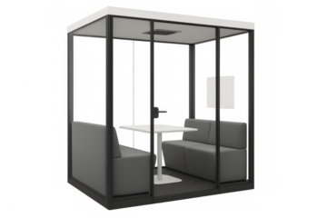 Modern glass office pod providing privacy and focus in open workspace with transparent background