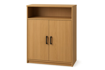Modern wooden cabinet with shelf and two doors on transparent background