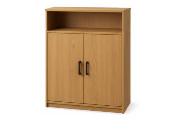 Modern wooden cabinet with shelf and two doors on transparent background