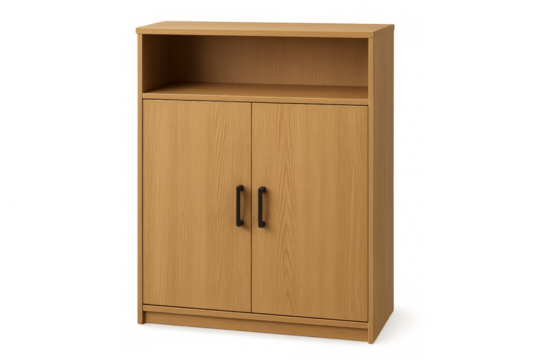 Modern wooden cabinet with shelf and two doors on transparent background