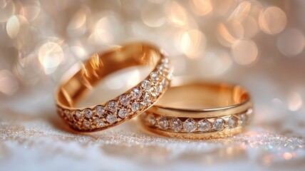Elegant wedding rings with heart bokeh. AI generated