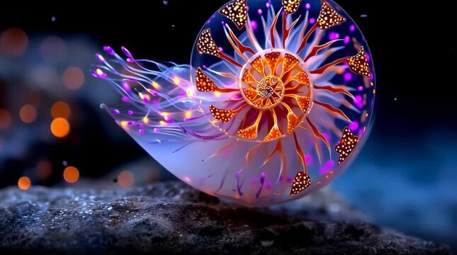 Glowing fantasy nautilus shell, luminous sea shell art, underwater marine life illustration, Marine Biology Illustration, Beautiful glowing fantasy nautilus shell with radiant colors of purple
