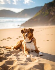 A dog resting on a sandy beach at sunset