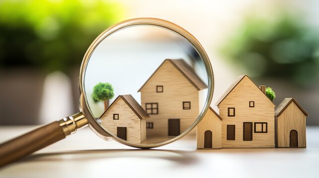 Miniature houses under a magnifying glass focus.