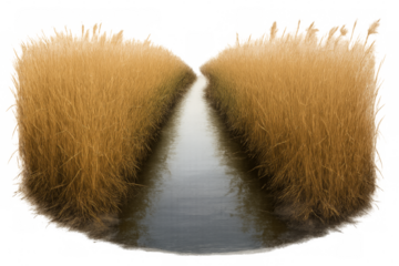 Stream flowing between dry grass on transparent background