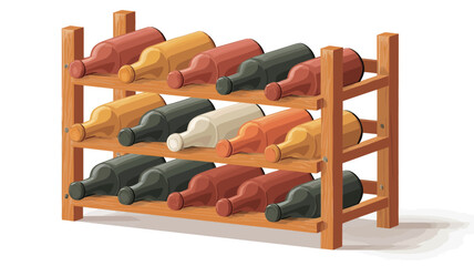 Isometric illustration of a simple wooden wine rack holding multiple wine bottles of varying colors. The bottles are depicted in a stylized, slightly cartoonish manner with varied shades of red,