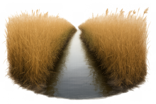 Stream flowing between dry grass on transparent background