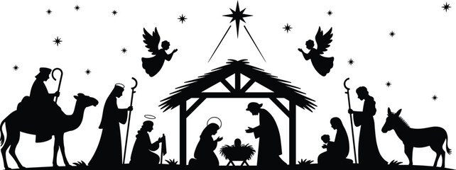 Christmas Nativity Scene Silhouette with Holy Family, Baby Jesus, Angels, Shepherds, Wise Men and Animals, Religious Christian Illustration, Birth of Jesus Vector Art