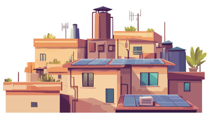 A digital illustration depicting a cluster of urban buildings with multiple rooftop solar panels installed.  The style is cartoonish or vector-based, with simplified shapes and muted earth tones.