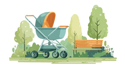 A vector illustration depicting a baby stroller situated in a park setting. The stroller is light grey and orange, with four wheels.  It is positioned near a simple wooden bench and amidst stylized