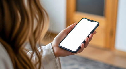 Close up of a Woman s Hand Holding a Modern Smartphone with a Blank White Screen Perfect for Mockups and Digital Content