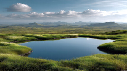 Serene grassland landscape with tranquil pond, blue sky, distant mountains, and soft clouds reflecting peaceful nature