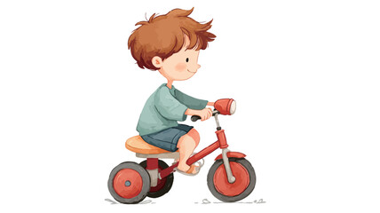 Digital illustration of a young boy with short brown hair riding a red tricycle. The boy is depicted from the side, smiling and looking to his right. He is wearing a light teal long-sleeved shirt