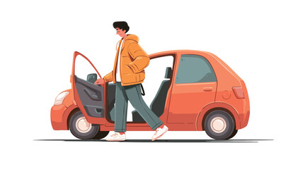 A vector illustration depicting a person in casual clothing stepping into an orange car with the front passenger door open.  The style is flat and minimalist with clean lines and solid colors