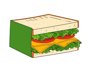 Cartoon sandwich with cheese, tomato, and lettuce