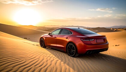 Fototapeta premium Red car in desert at sunset