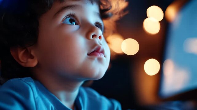 A young boy gazes thoughtfully at a screen, surrounded by soft lights, capturing a moment of curiosity and wonder in a cozy indoor setting.