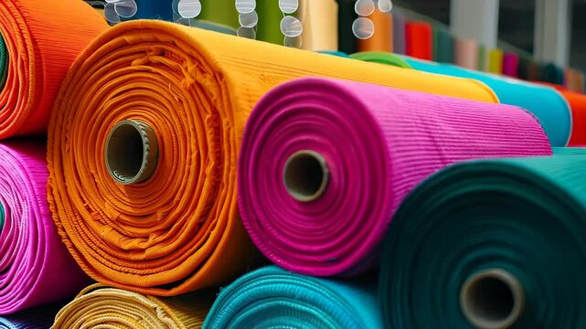 A close-up view of colorful fabric rolls in a textile warehouse, perfect for showcasing creativity in design projects. Bright hues inspire artistic ideas.