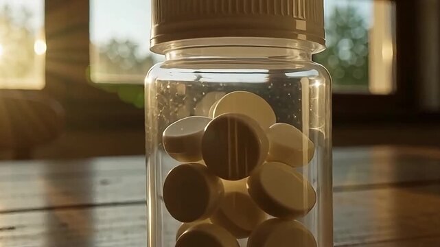 Pills spilling from a clear bottle, suggesting medication adherence or a wellness routine in a natural light setting for health and lifestyle campaigns