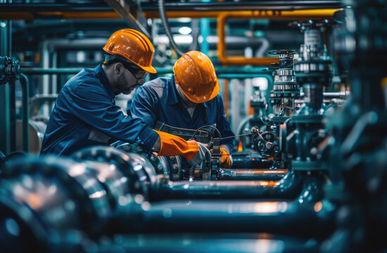 Workers repair machinery in an industrial facility during evening hours with bright orange safety gear