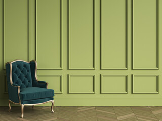 Classic chair in emerald green and gold in classic interior with copy space.
