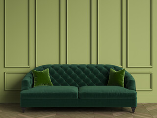 Classic tufted sofa  in emerald green color in classic interior with copy space