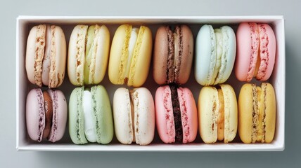Assorted macarons in white box with soft lighting. AI generated