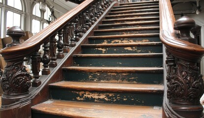 Ornate wooden staircase with peeling paint