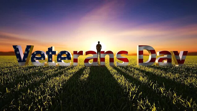Veterans Day Tribute: Silhouette of a soldier standing in a field at sunset, against large 'Veterans Day' lettering with an American flag design, landscape format, warm