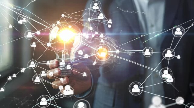 A businessman holding a light bulb symbolizes innovation and creative ideas. The image highlights social network connections, representing modern technology and business engagement.