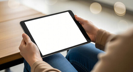 Holding a Blank Tablet Screen in Hands Person Using Digital Device Mockup Template for App or Web Design