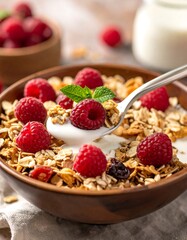 Bowl of granola with raspberries and yogurt