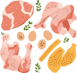 Raw animal products like meat, chicken, and eggs suitable for food blogs, restaurant menus, farm advertisements, and cooking websites.