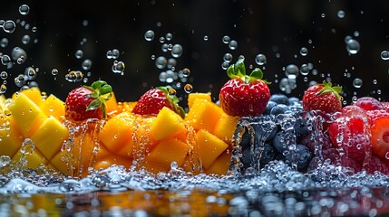 Vibrant tropical fruit medley splash creating refreshing summer vibes and healthy eating inspiration