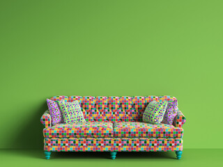 Classic tufted sofa in multicolor patches fabric on green background with copy space