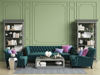 Classic interior in green colors with copy space