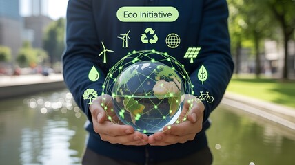 Hands holding semi-transparent globe with neon green environmental icons and “ECO INITIATIVE” label in urban park with reflective sunlight