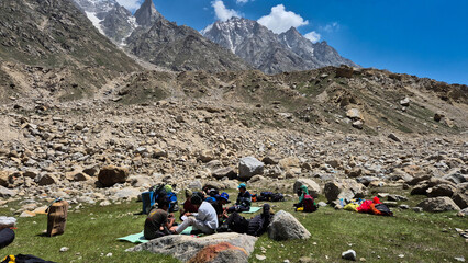 group of people in the mountains