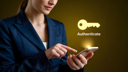 Secure digital authentication concept with glowing key icon and businesswoman tapping smartphone on golden gradient background