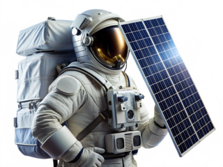 Astronaut wearing a white suit with a backpack featuring solar panels isolated on white background
 ,PNG. AI Generated.