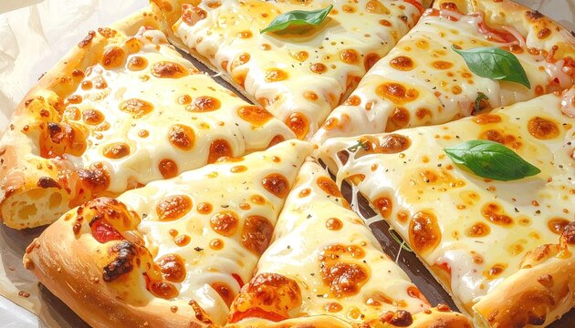 Delicious Pizza with Melted Cheese and Basil Topping on Parchment Paper High Angle View